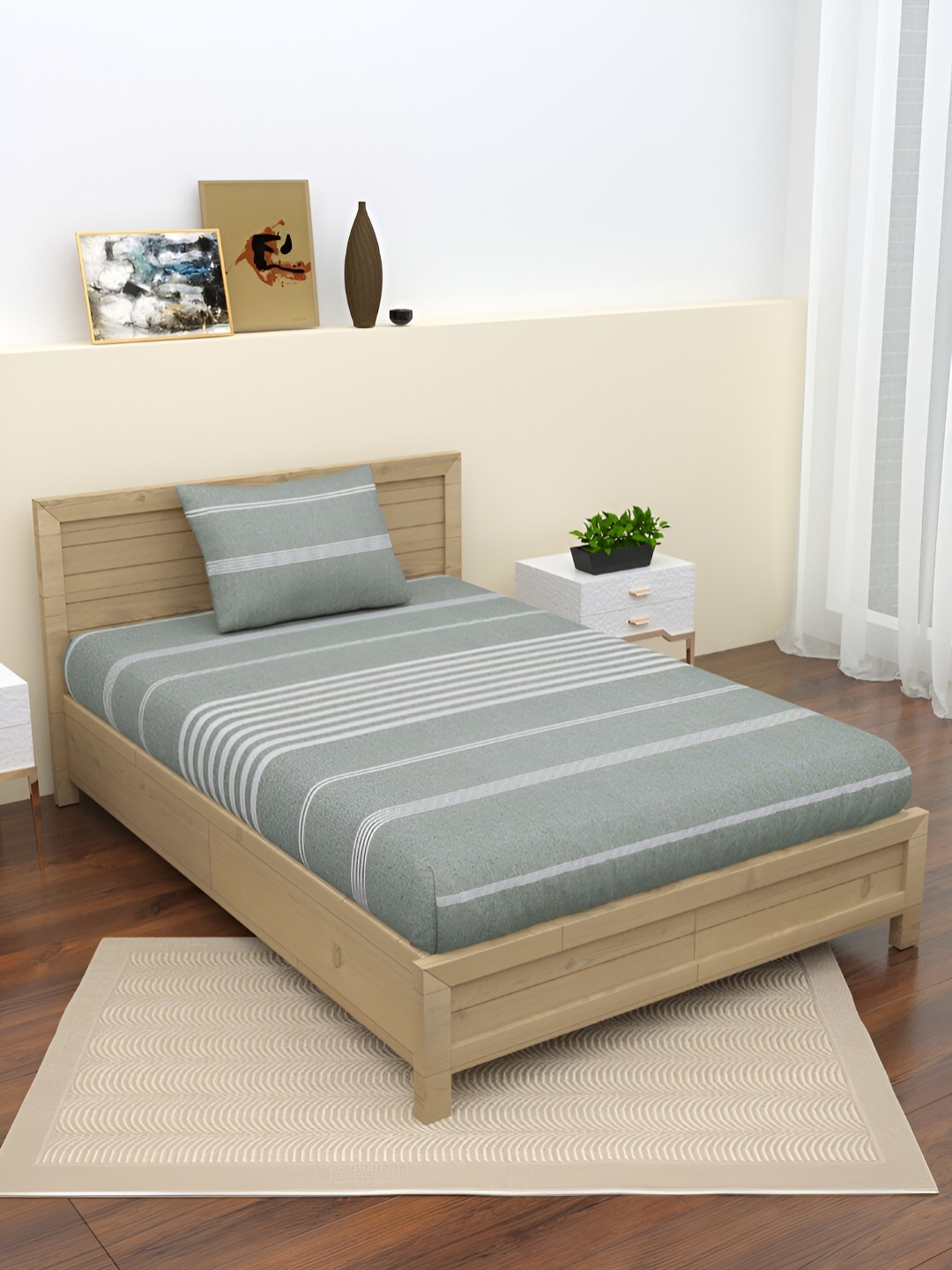 

Homez Sparrow Grey Striped 160 TC Single Bedsheet with Pillow Cover
