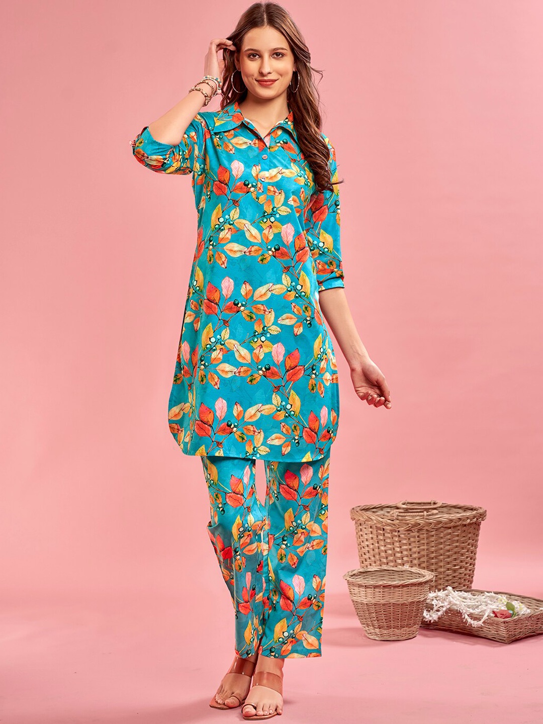 

Anouk Turquoise Blue Floral Printed Tunic With Trouser