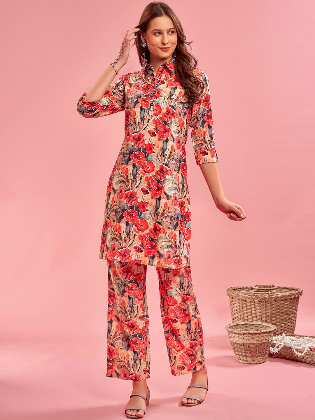 

Anouk Printed Shirt Collar Tunic & Trousers Co-Ords, Orange