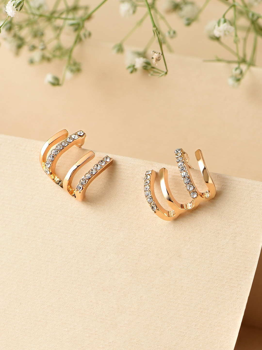 

ToniQ Gold-Plated CZ Stone Studded Geometric Studs Earrings