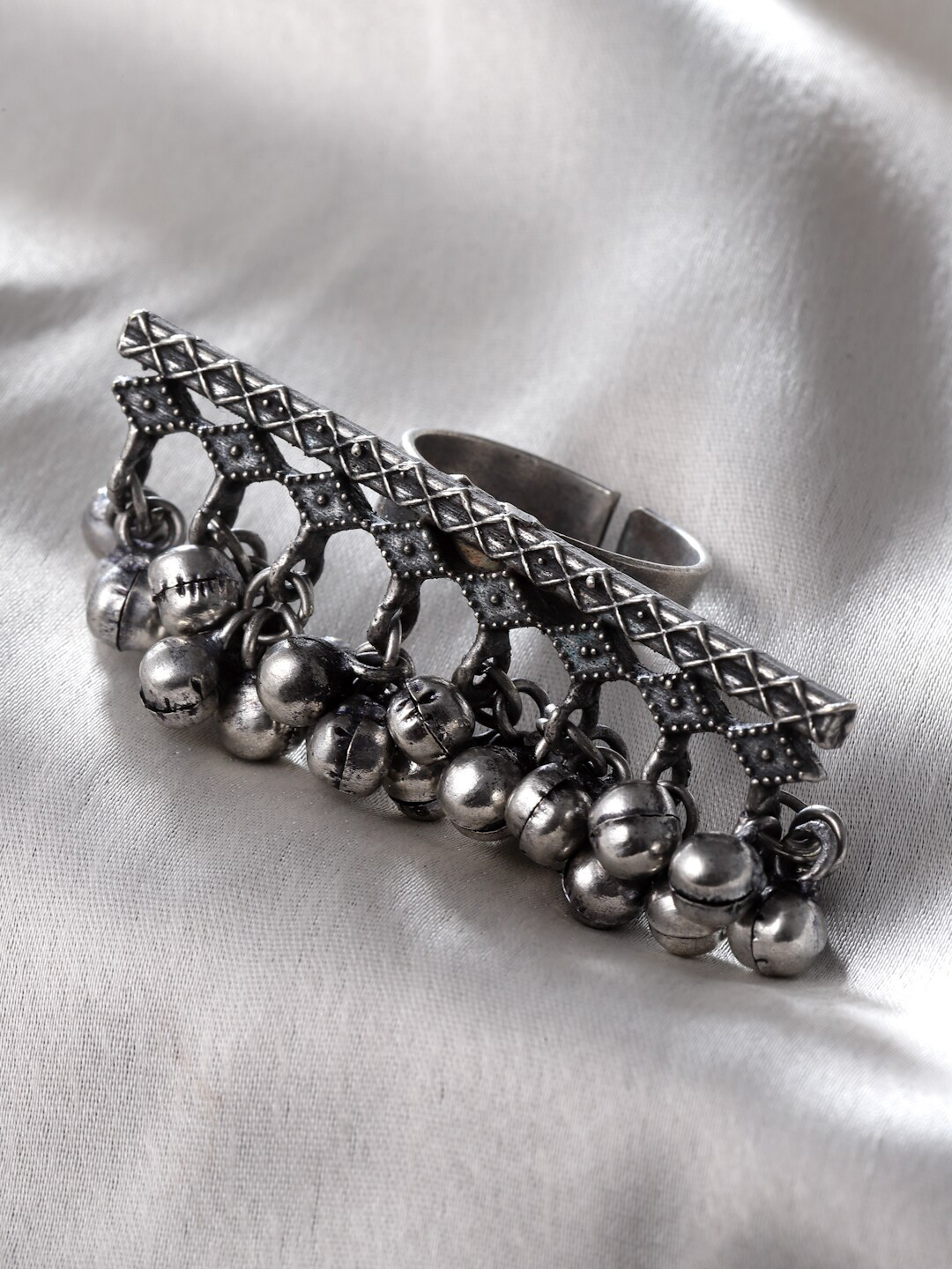 

Sanjog Silver-Plated Oxidised ghungaroo Studded Adjustable Finger Ring