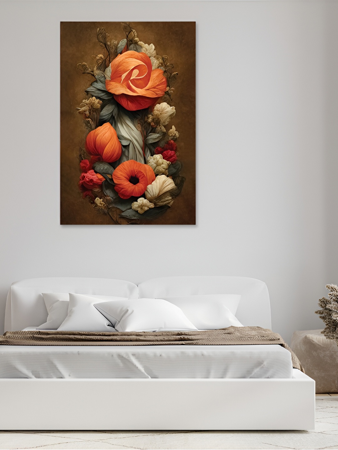 

CVANU Brow & Red Floral and Botanical Canvas Wall Painting, Brown