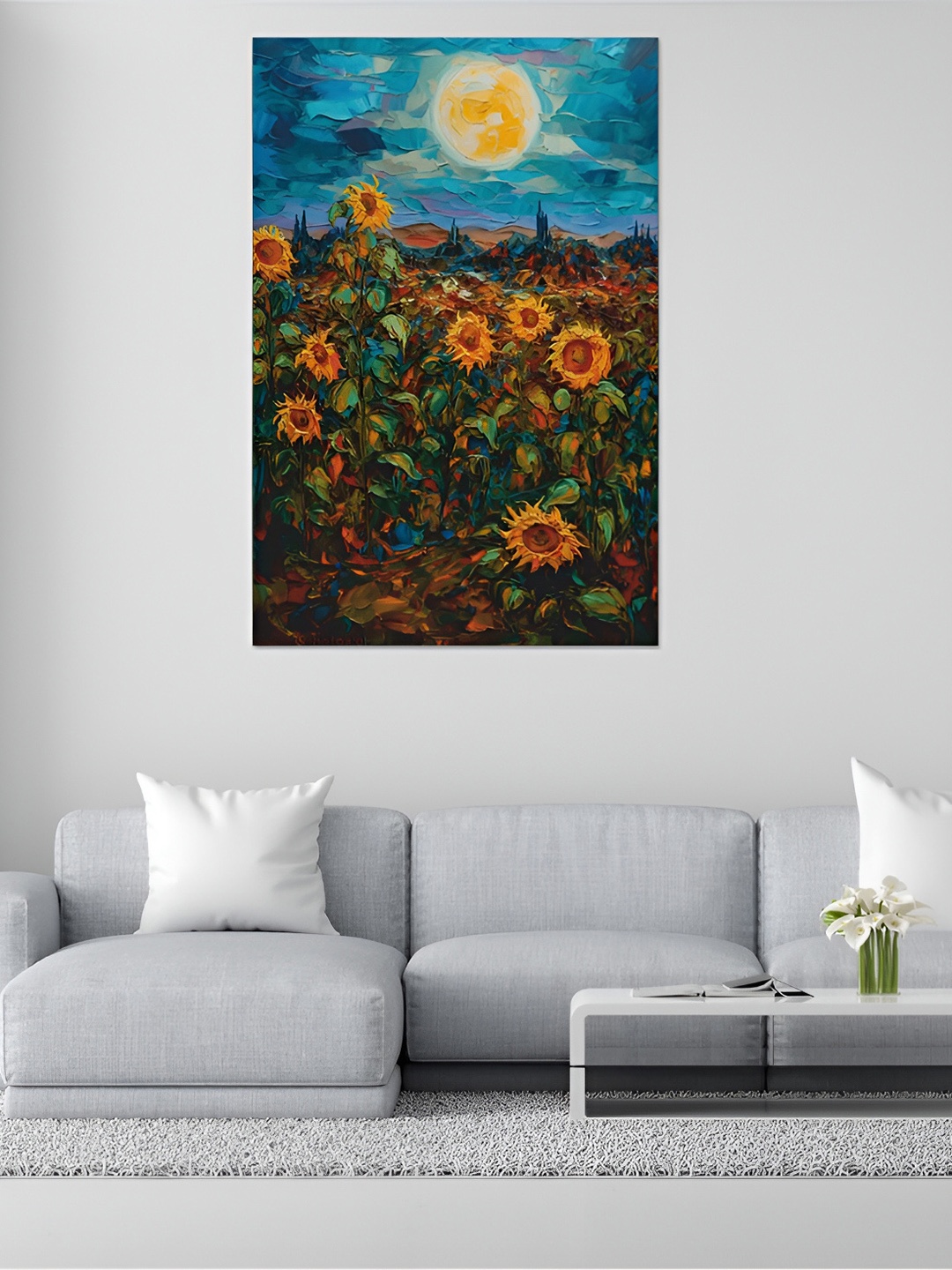 

CVANU Blue & Yellow Floral and Botanical Canvas Wall Painting