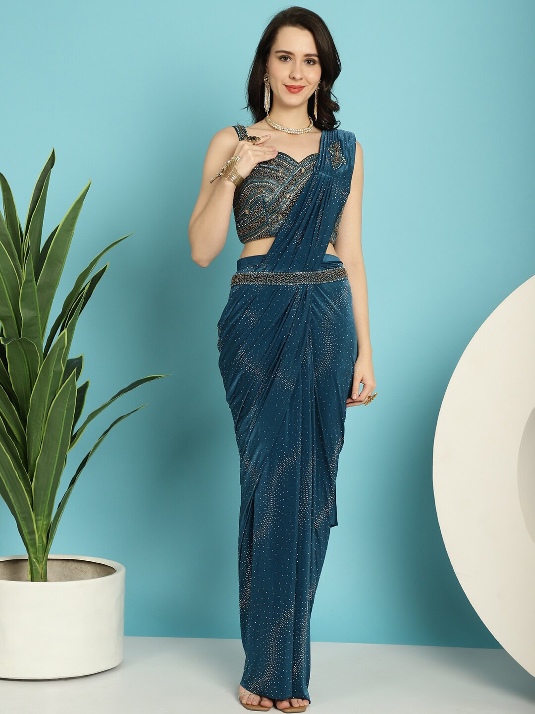 

Grancy Embellished Beads and Stones Ready to Wear Saree, Blue