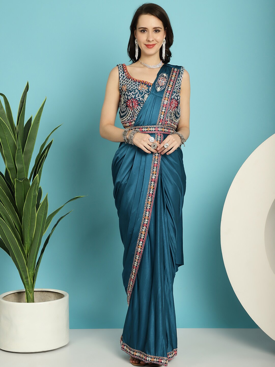 

Grancy Sequinned Ready to Wear Leheriya Saree With Stitched Blouse, Blue