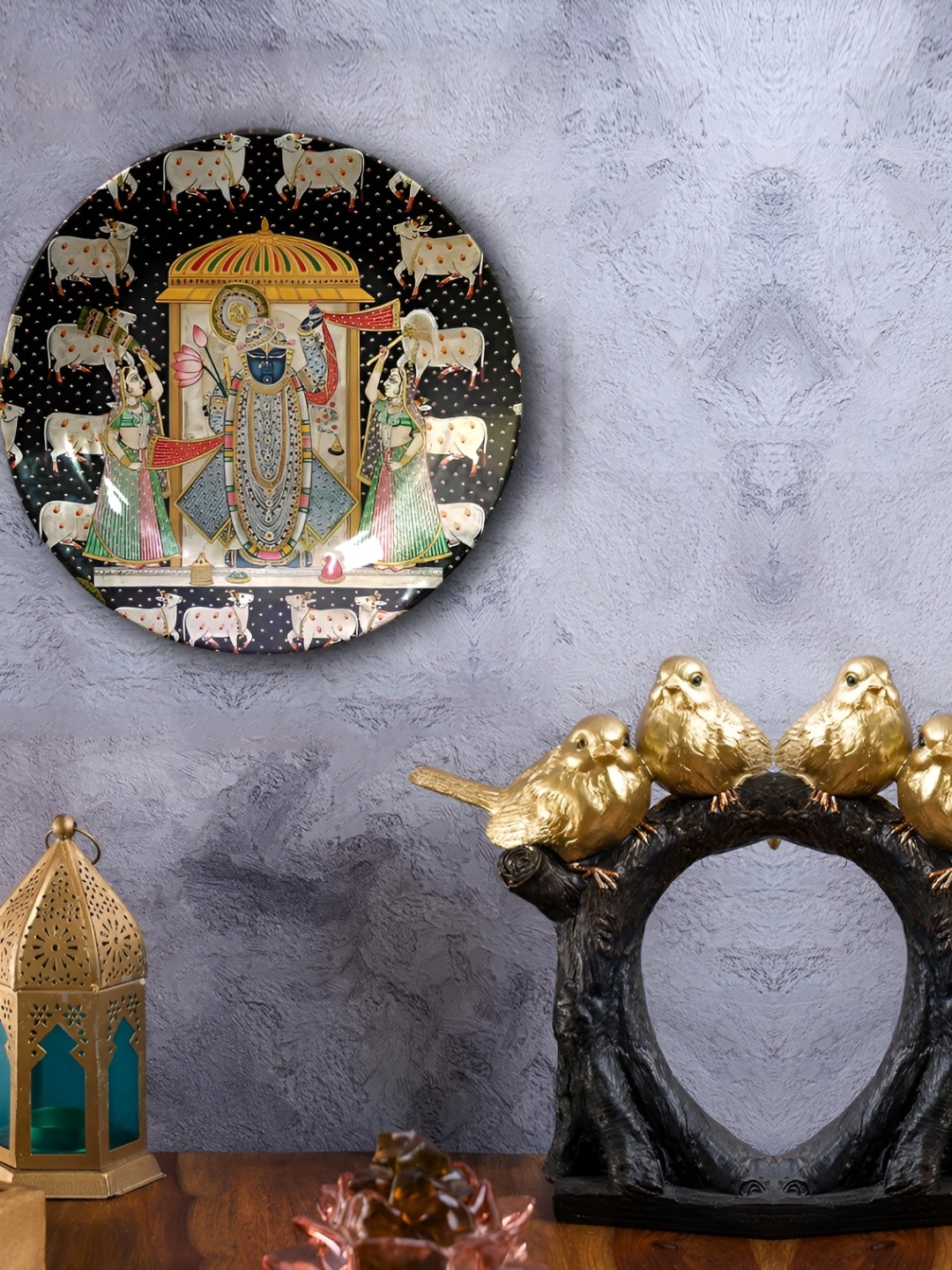 

JIKRAA Black & Beige Pichwai & Madhubani Art Ceramic Wall Plate