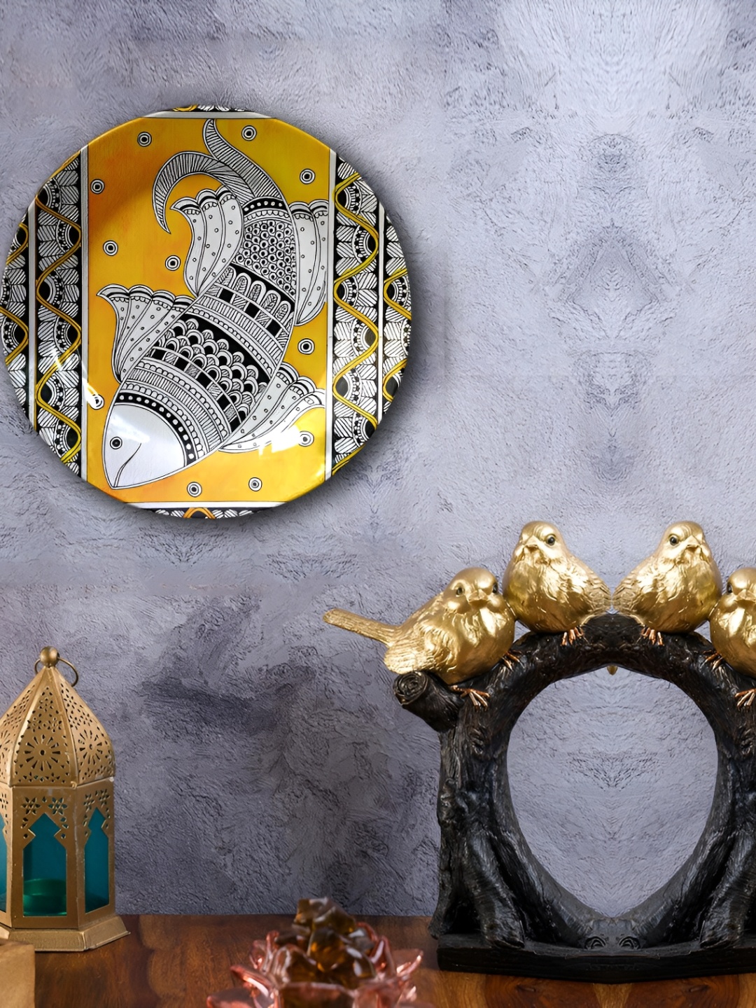 

JIKRAA Yellow & White Madhubani Art Ceramic Wall Plate