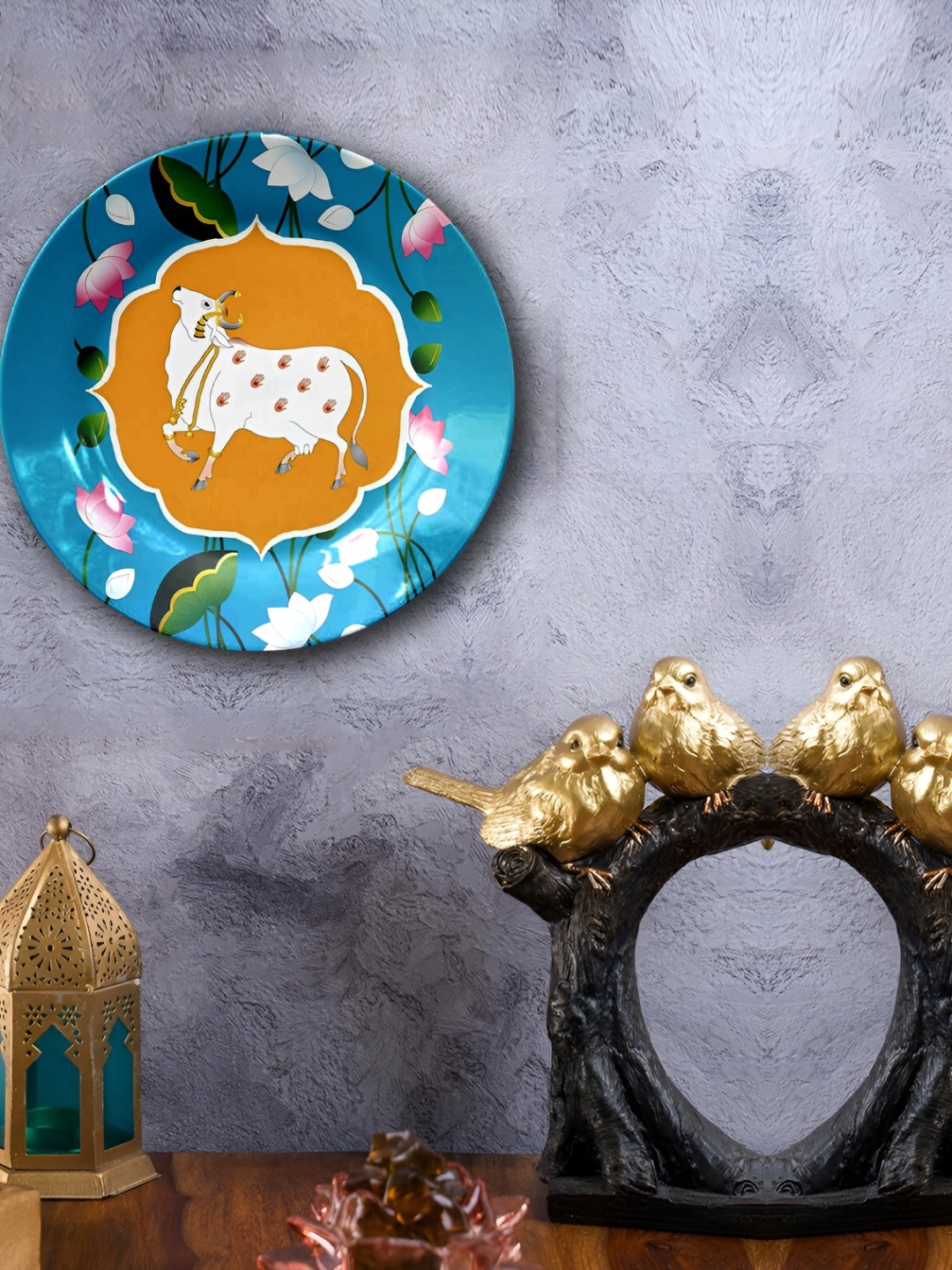 

JIKRAA Yellow & Blue Pichwai Art Ceramic Wall Plate