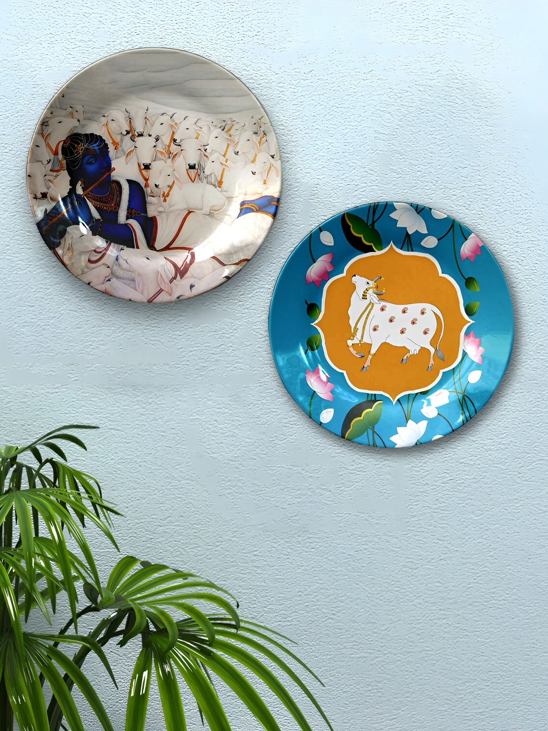 

JIKRAA Blue & Beige 2 Pcs Pichwai Art Ceramic Wall Plates