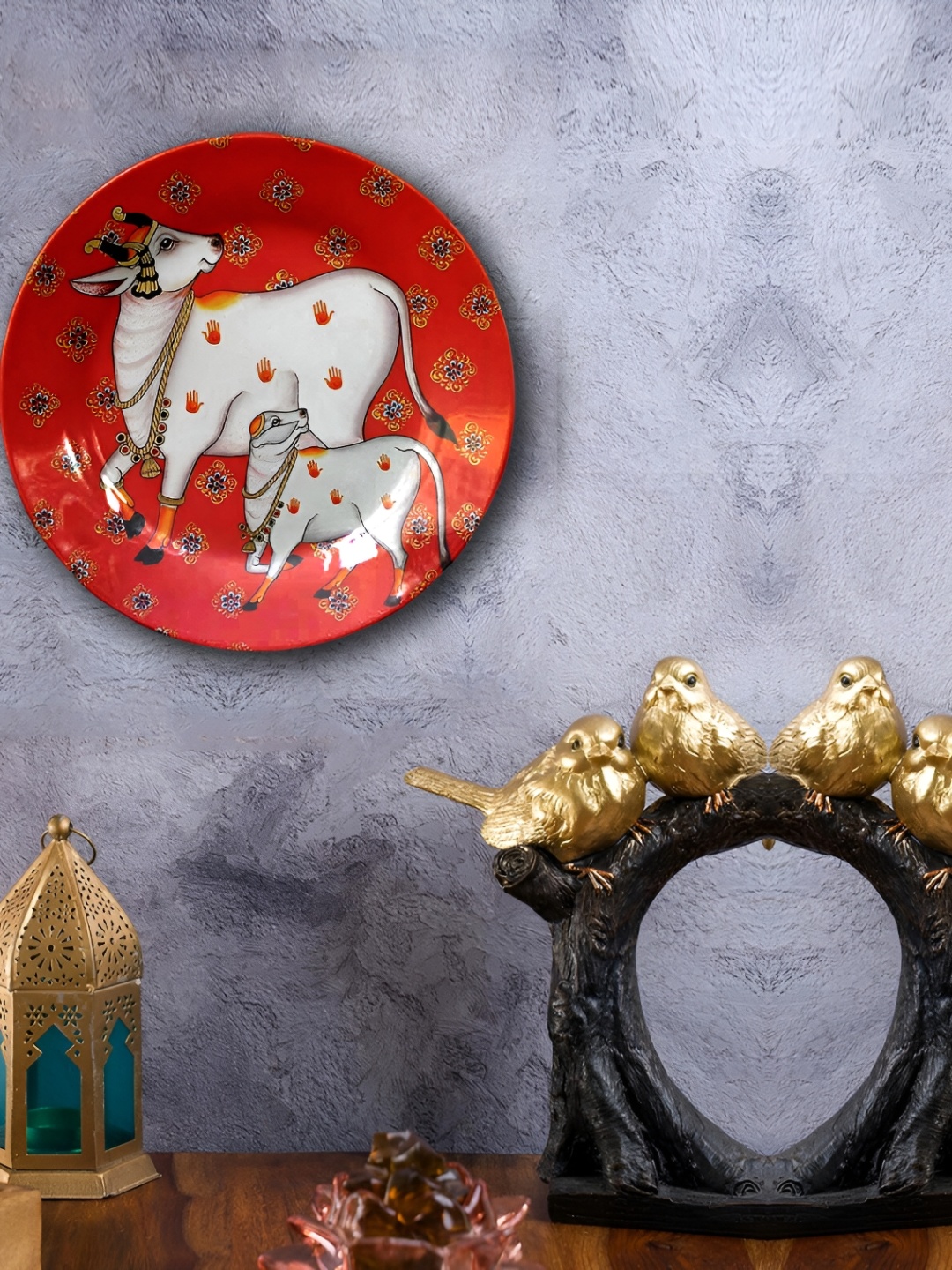 JIKRAA Red & White Pichwai Art Ceramic Wall Plate