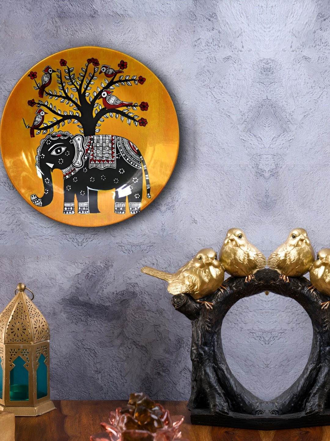 

JIKRAA 2 Pcs Yellow & Black Madhubani Art Ceramic Wall Plates