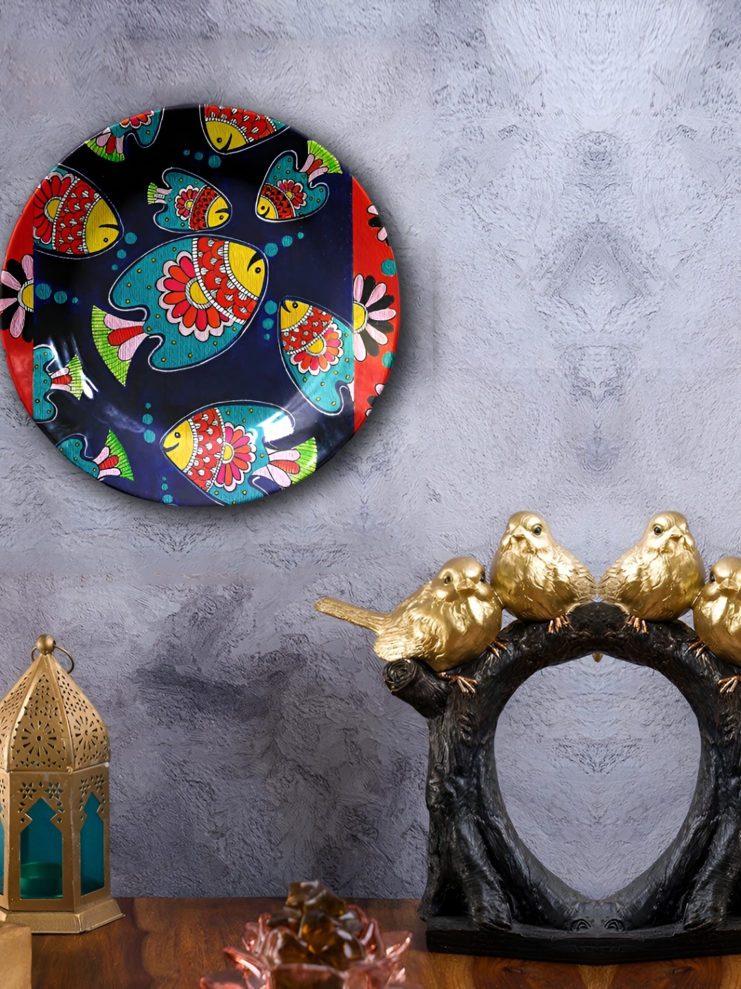 

JIKRAA Navy Blue & Red Madhubani Art Ceramic Wall Plate