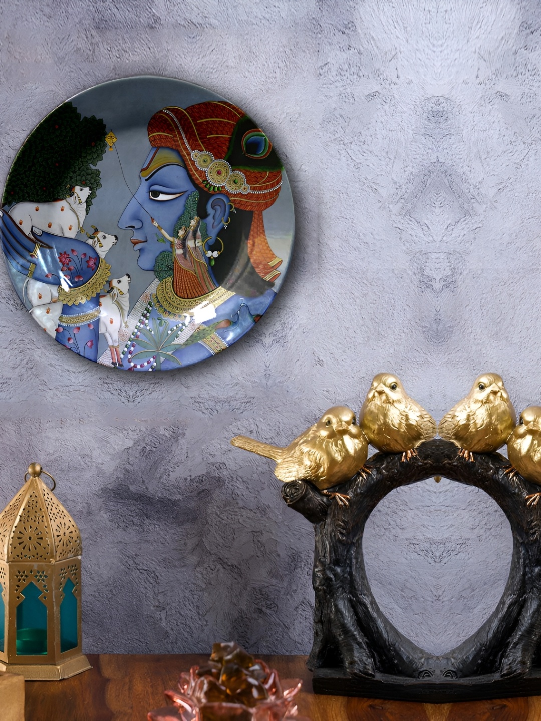 

JIKRAA Grey & Blue Pichwai Art Ceramic Wall Plate