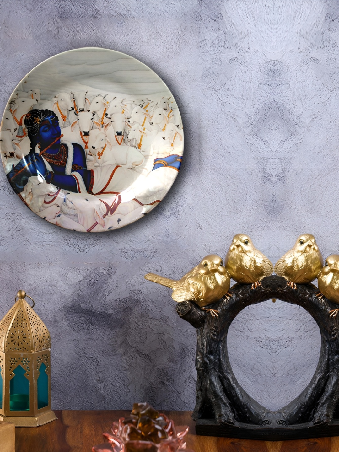 

JIKRAA White & Blue Pichwai Art Ceramic Wall Plate