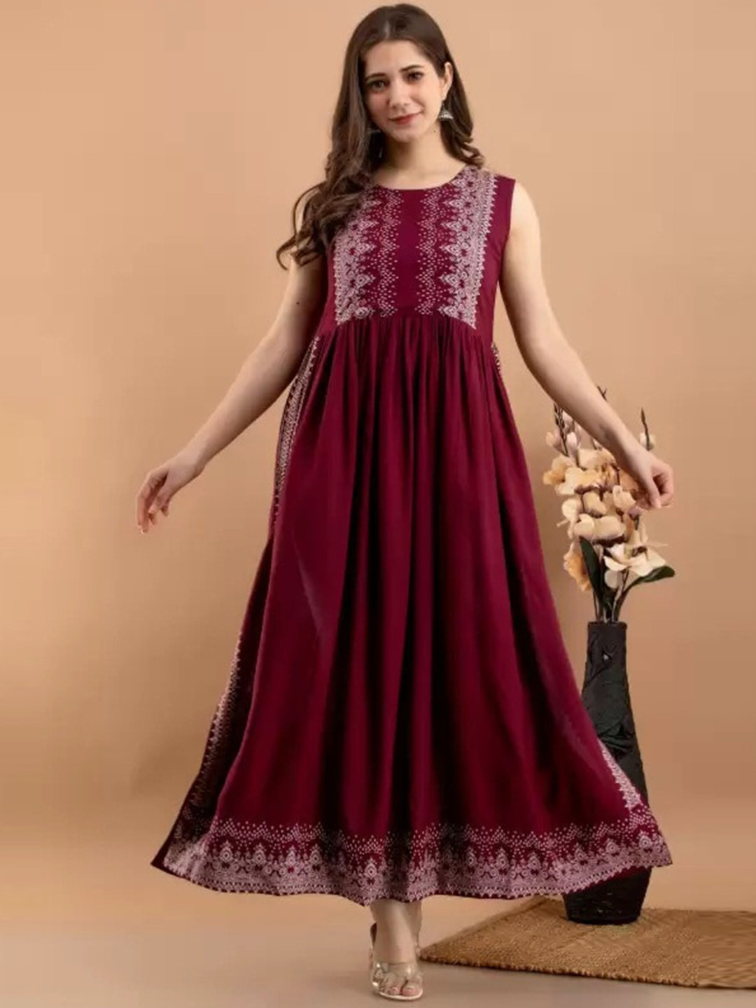 

SGRF Ethnic Motifs Printed A-Line Kurta, Maroon