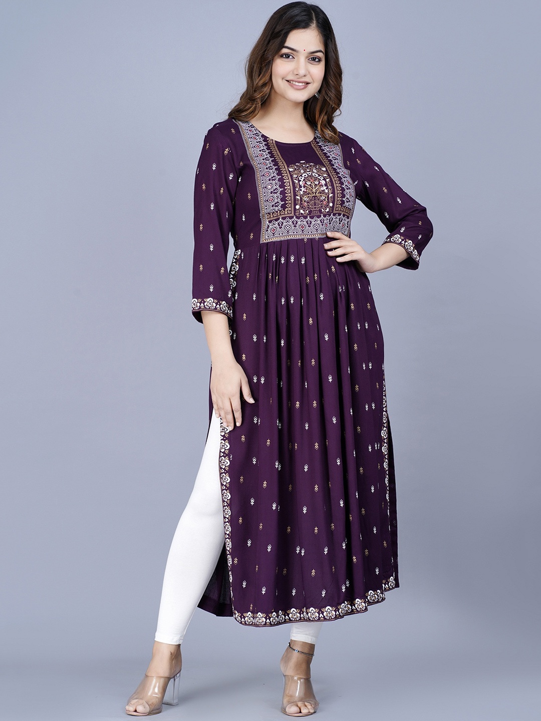 

SGRF Ethnic Motifs Printed Round Neck Pleated Kurta, Purple