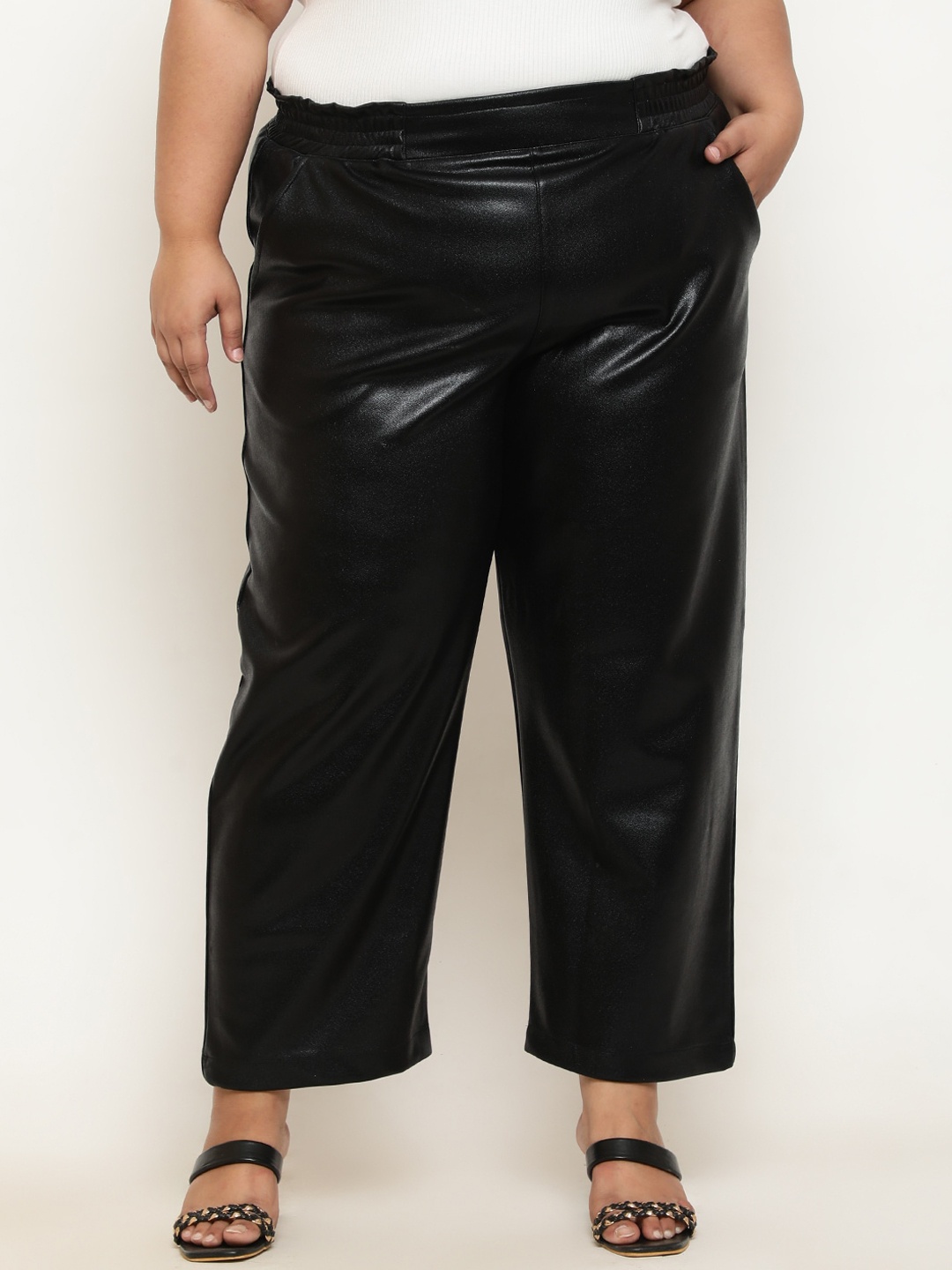 

Amydus Women Plus Size High-Rise Leather Parallel Trousers, Black