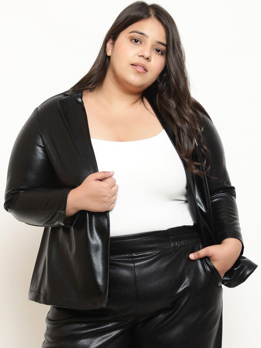 

Amydus Plus Size Notched Lapel Open Front Leather Blazers, Black