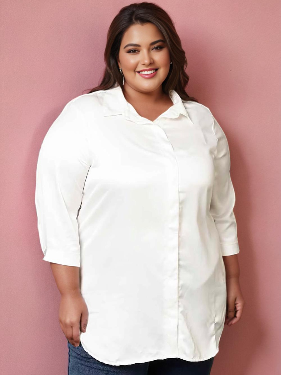 

Amydus Plus Size Spread Collar Three-Quarter Sleeves Satin Casual Shirt, White