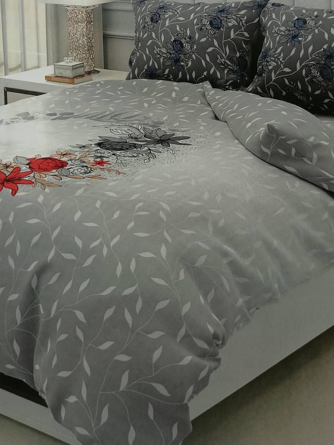 

Signature Grey & Red 4 Pieces Floral Printed Cotton Double Queen Bedding Set