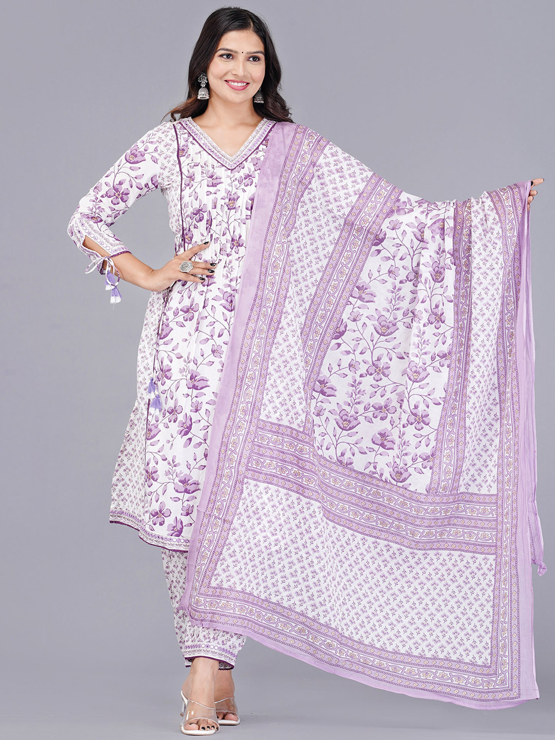 

KALINI Floral Printed Pleated Aari Work Pure Cotton Kurta with Patiala & With Dupatta, Purple