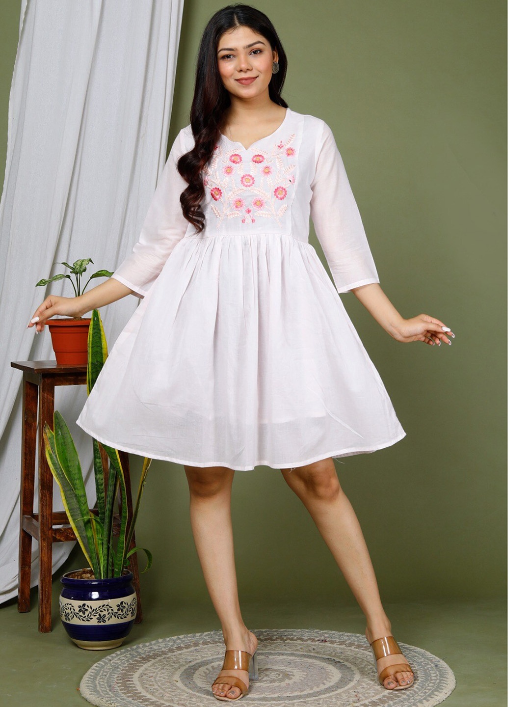 

KALINI Embroidered Cotton A-Line Dress, White