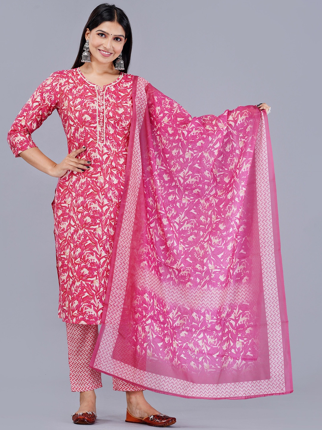 

KALINI Floral Printed Thread Work Regular Kurta with Pyjamas & With Dupatta, Pink