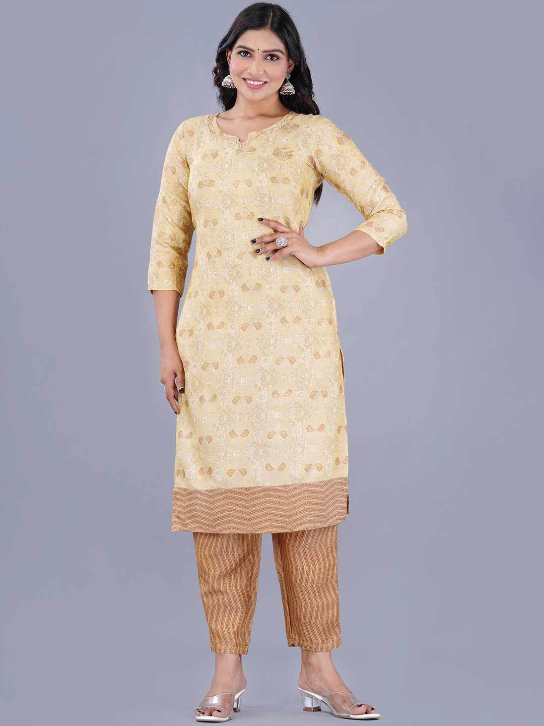 

KALINI Abstract Woven Design Aari Work Straight Kurta with Trousers, Gold