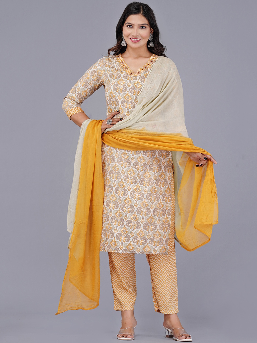

KALINI Ethnic Motifs Printed Kurta with Trouser & Dupatta, Orange