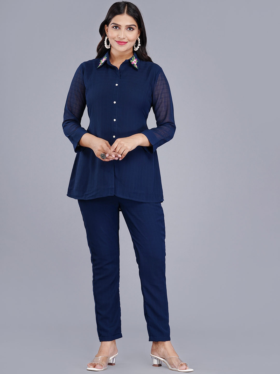 

KALINI Embroidered Pure Cotton Shirt & Trousers Co-Ord, Blue