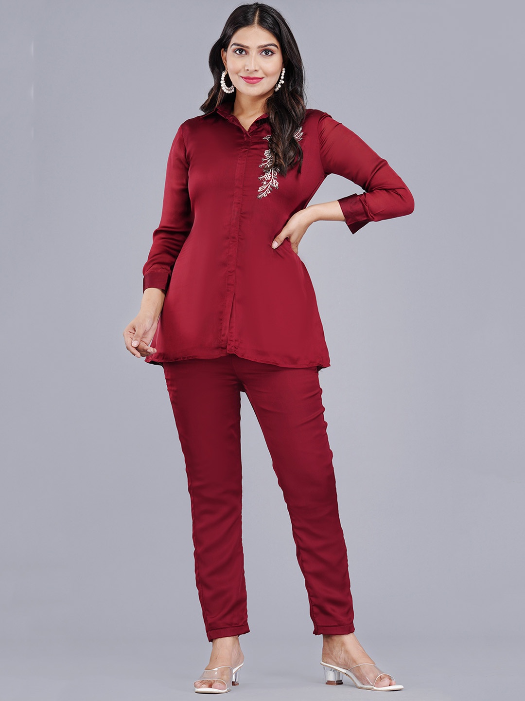 

KALINI Embroidered Pure Cotton Shirt With Trouser, Red