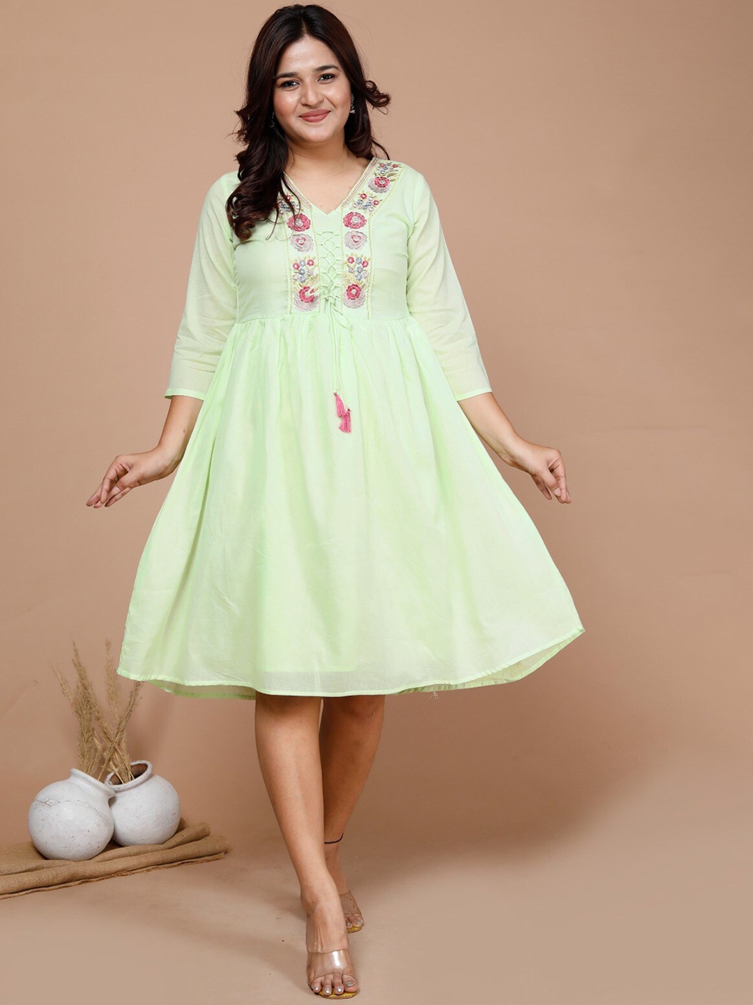 

KALINI Floral Embroidered V-Neck Cotton Fit and Flare Dress, Green