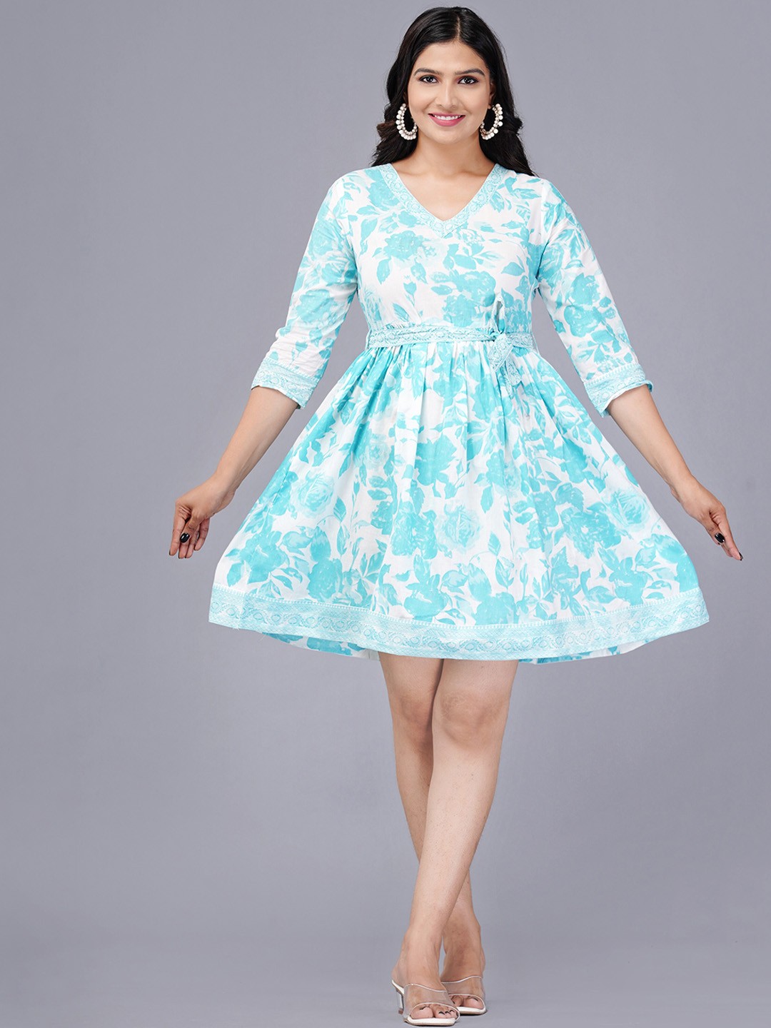 

KALINI Floral Printed V-Neck Cotton A-Line Dress, Turquoise blue