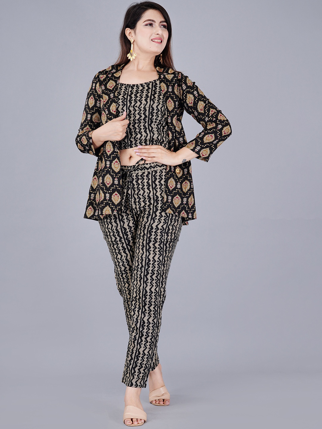 

KALINI Printed Top WithTrousers & Shrug, Black
