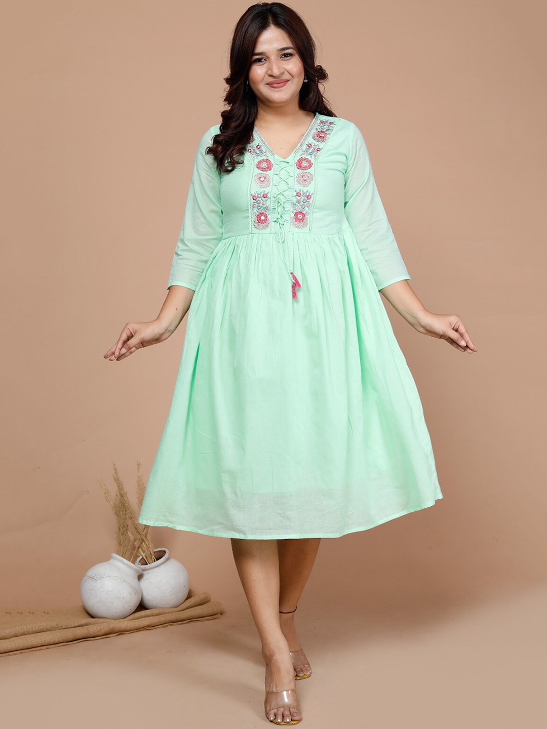 

KALINI Embroidered V-Neck Cotton A-Line Dress, Green