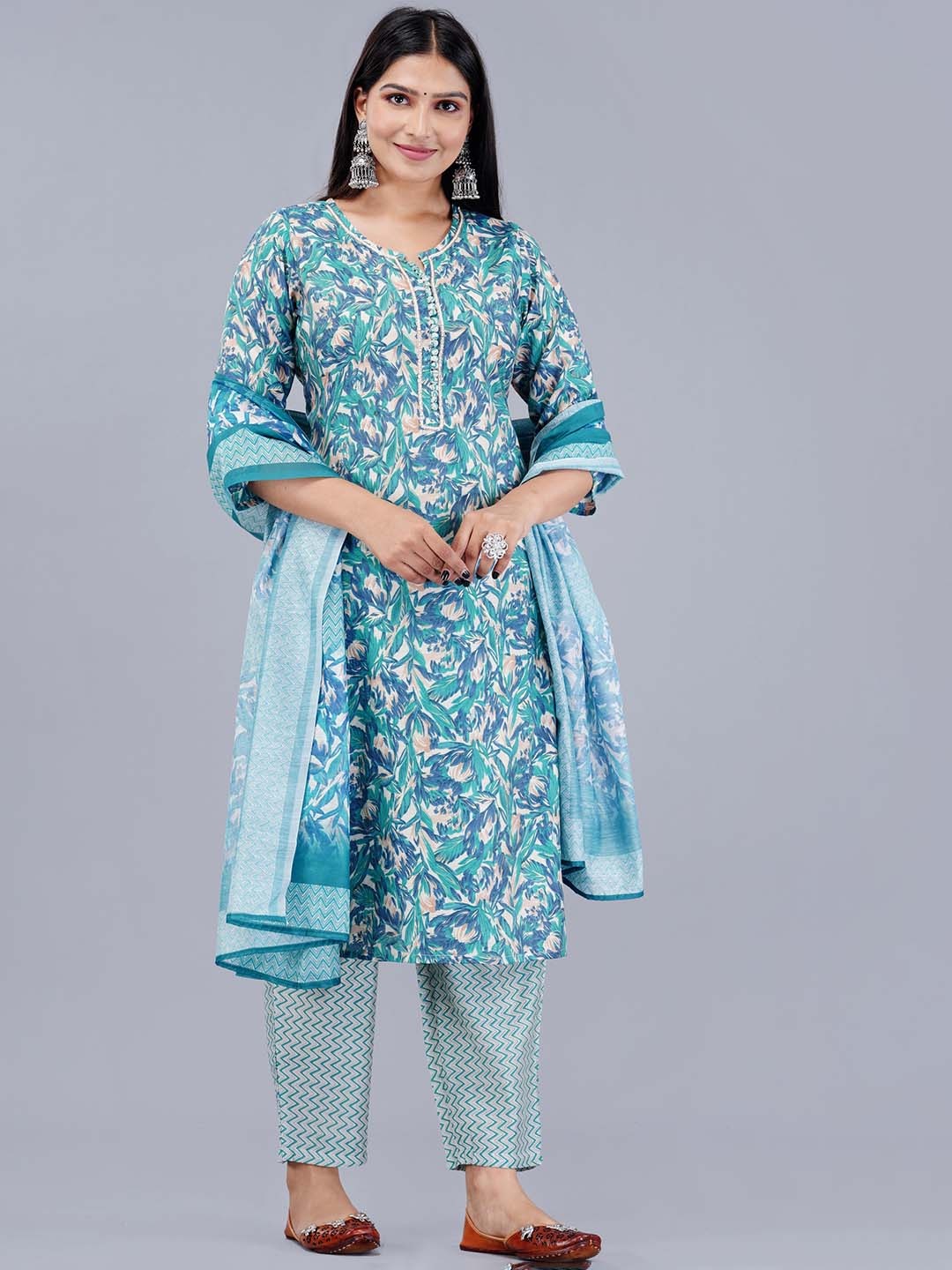 

KALINI Floral Printed Aari Work Chanderi Silk Kurta with Pyjamas & With Dupatta, Green