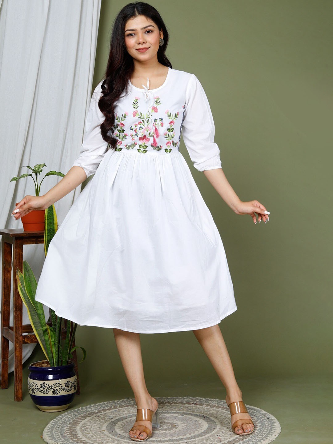 

KALINI Embroidered Tie-Up Neck Cotton A-Line Dress, White