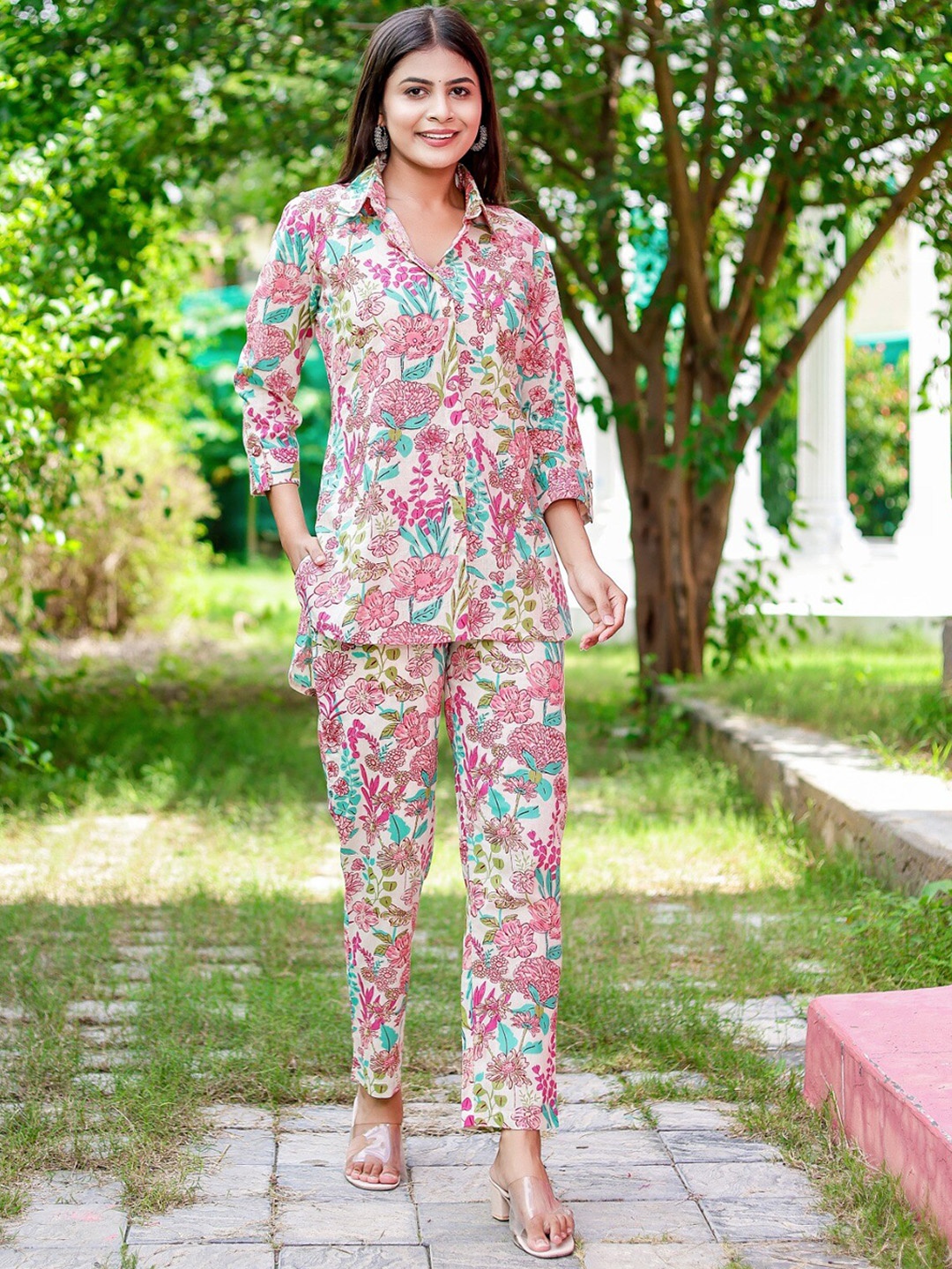 

KALINI Printed Pure Cotton Shirt With Trousers Co-Ords, White