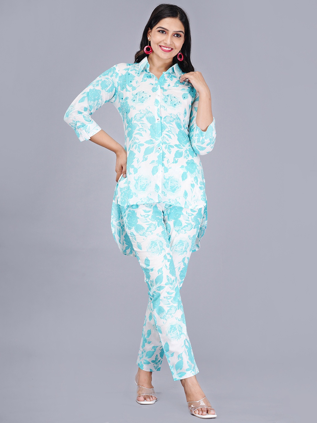 

KALINI Floral Printed Pure Cotton Shirt With Trousers, Blue