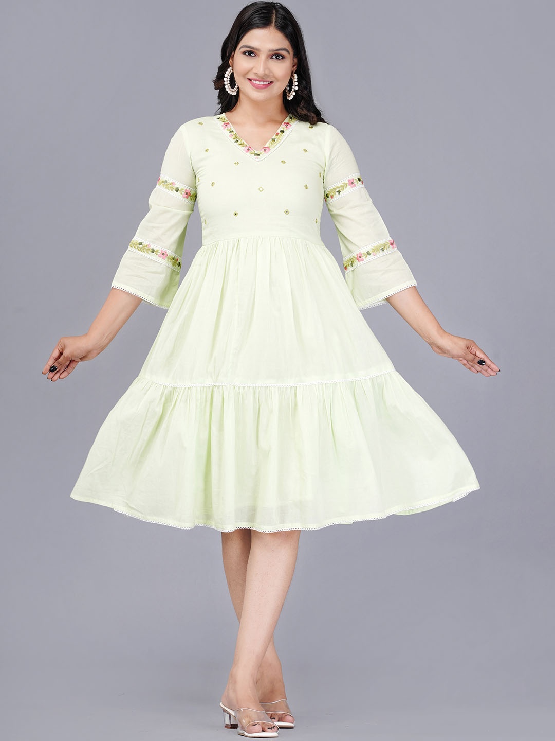 

KALINI Floral Embroidered V-Neck Cotton Tiered Fit and Flare Midi Dress, Green