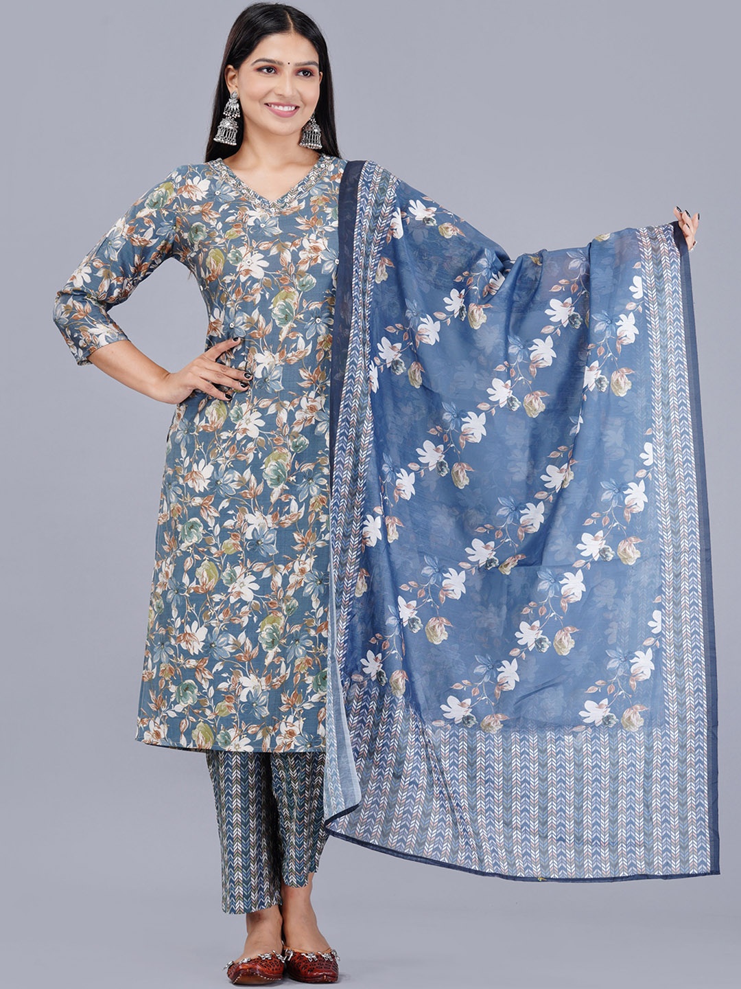 

KALINI Floral Printed Kurta With Trouser & Dupatta, Blue