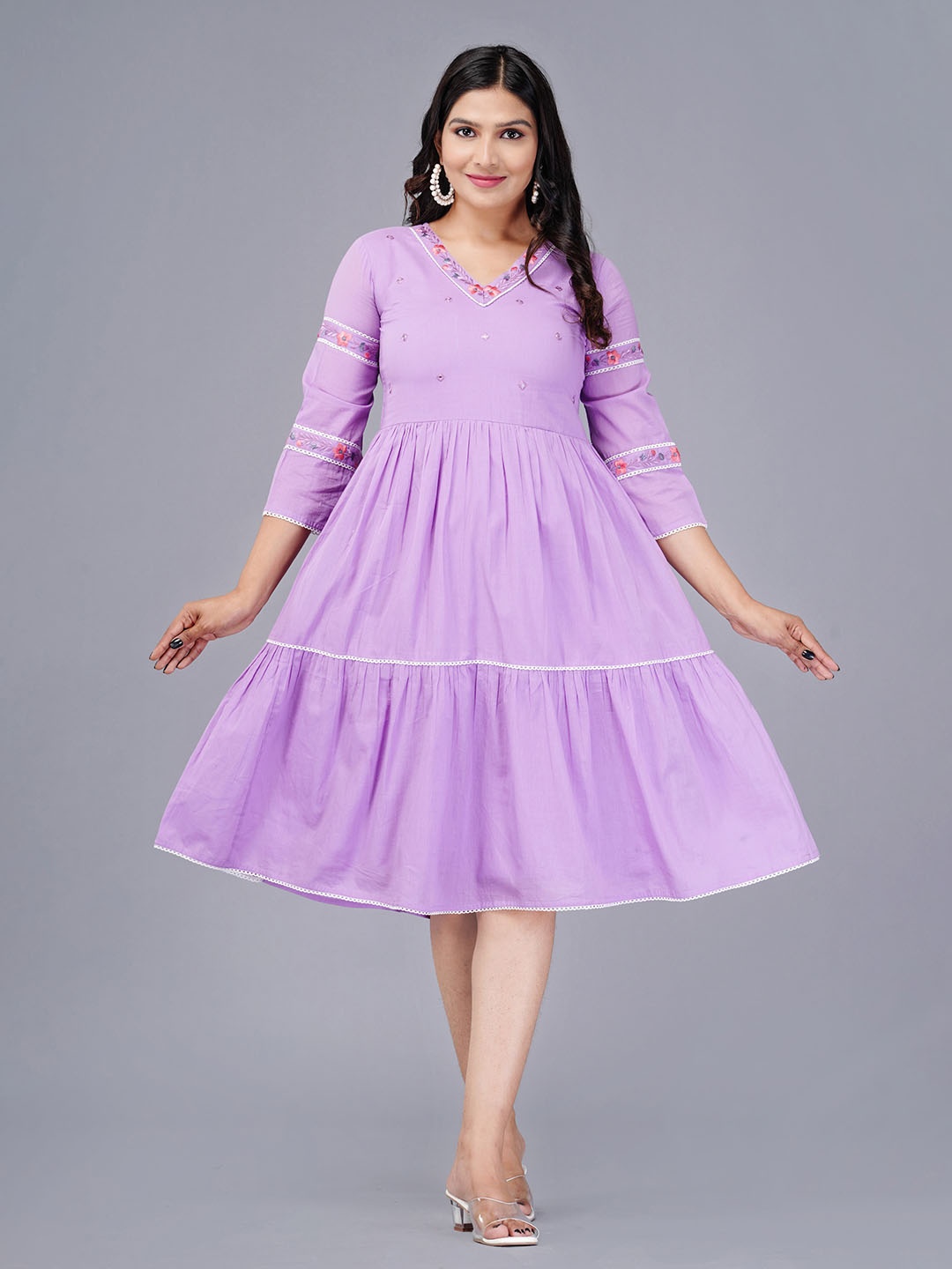 

KALINI Embroidered Mirror Work Tiered Cotton Fit & Flare Ethnic Dresses, Violet
