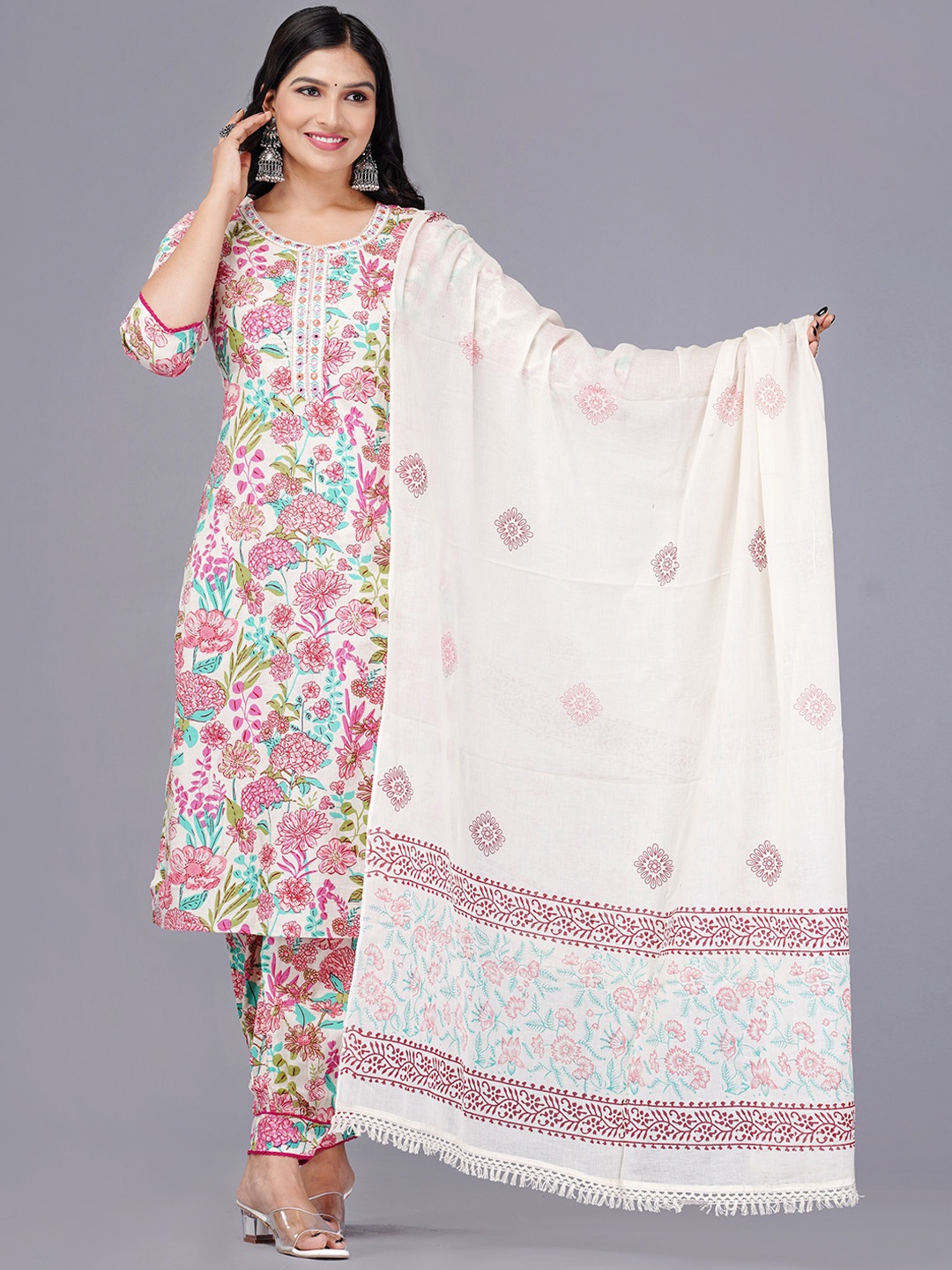 

KALINI Floral Printed Kurta With Salwar & Dupatta, White