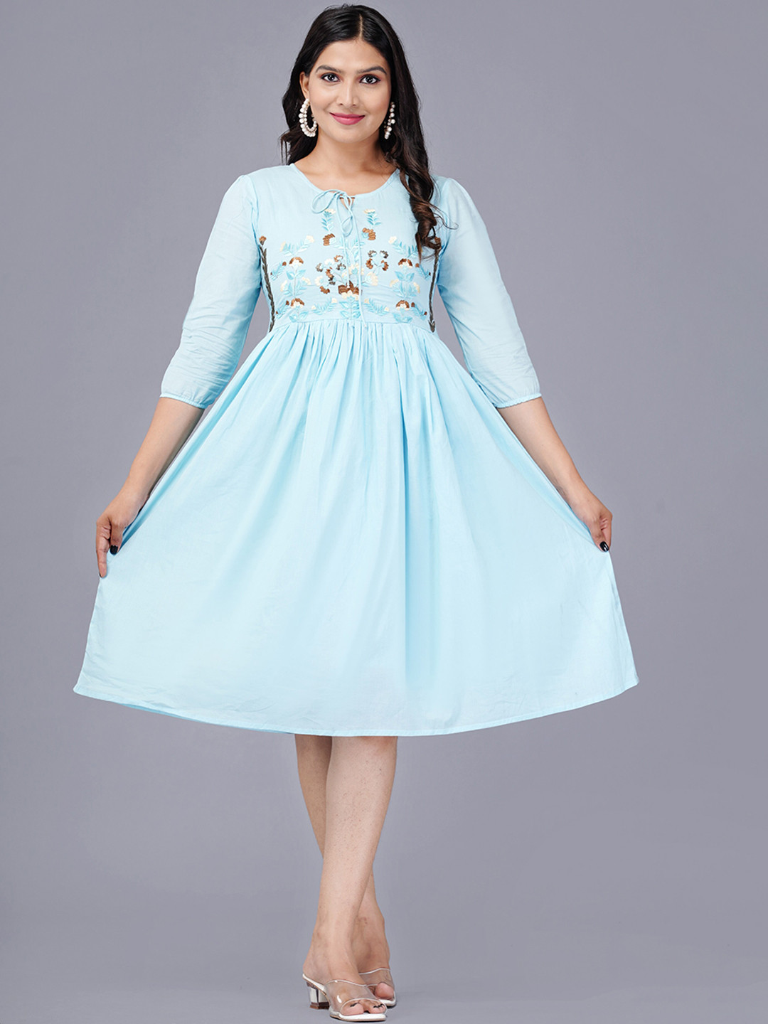 

KALINI Floral Embroidered A-Line Cotton Fit & Flared Ethnic Dresses, Turquoise blue