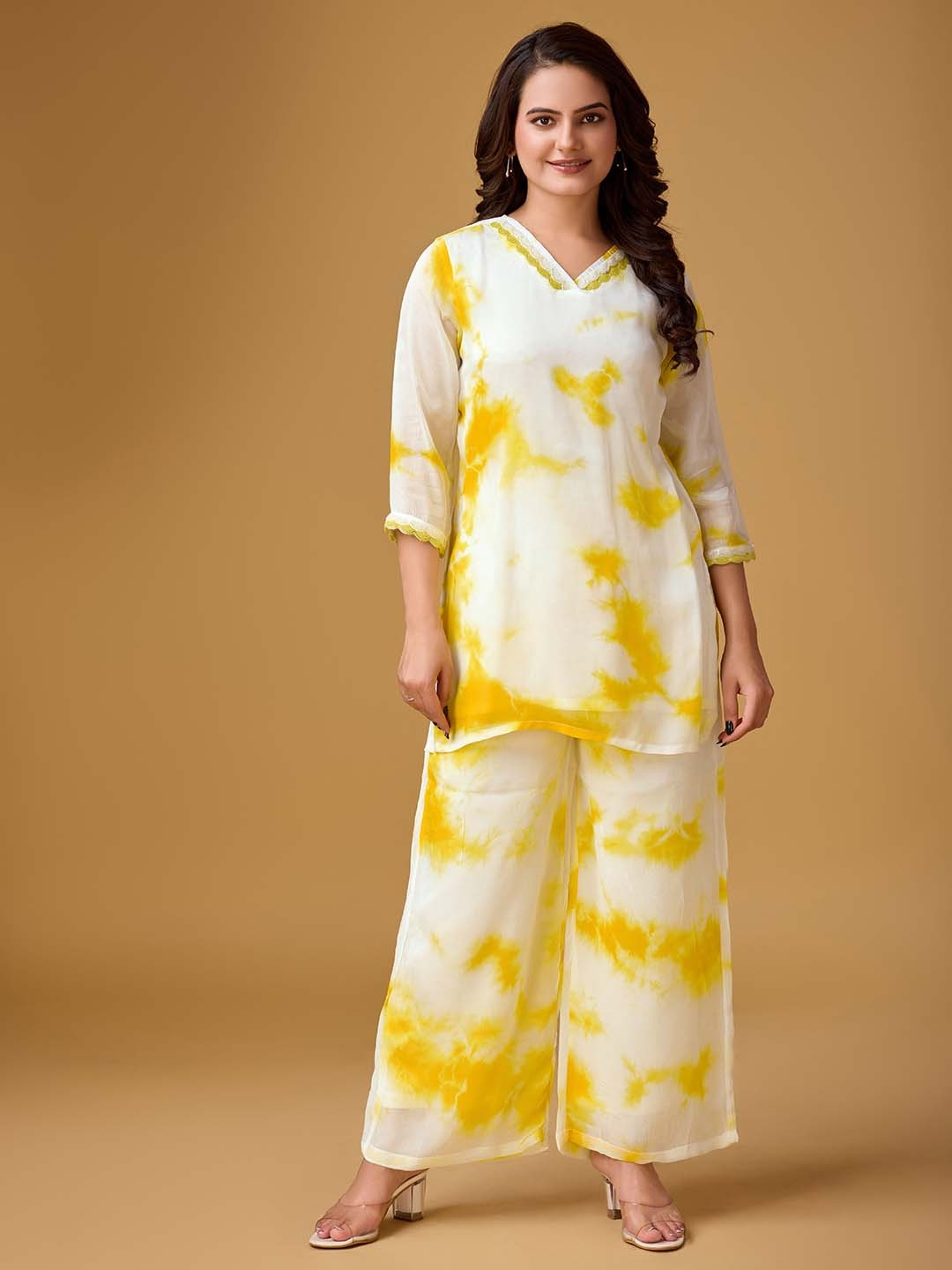 

HOUSE OF MIRA Pack of 2 Tie & Dye V-Neck Tunic With Trousers, White