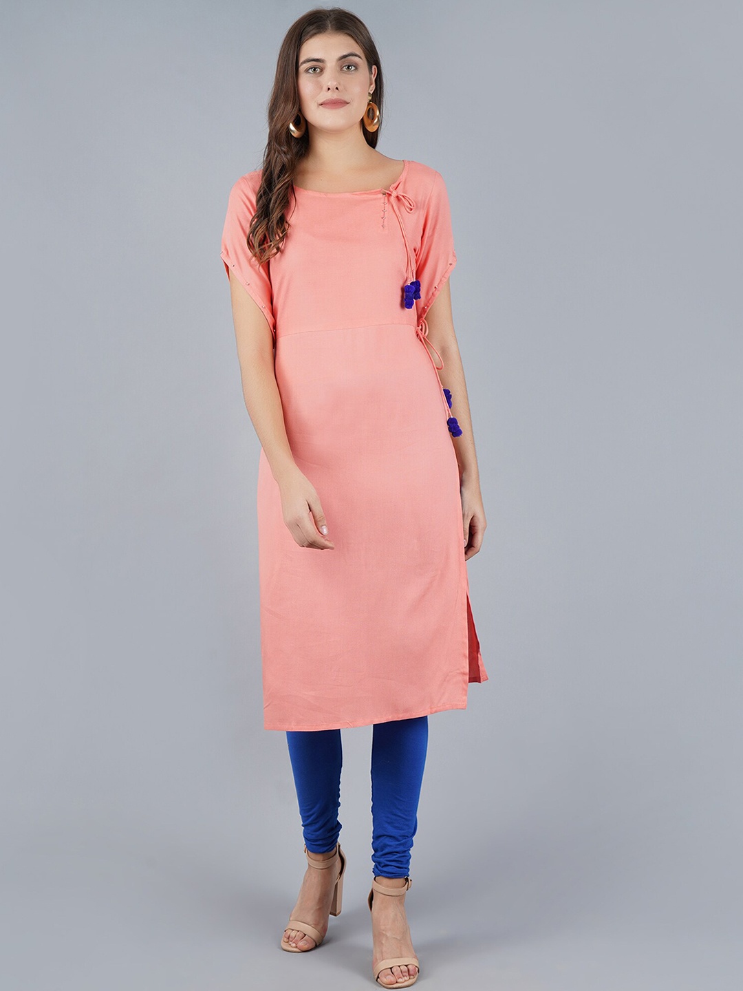 

SGRF Key Hole Neck Beads Embellished Straight Kurta, Peach