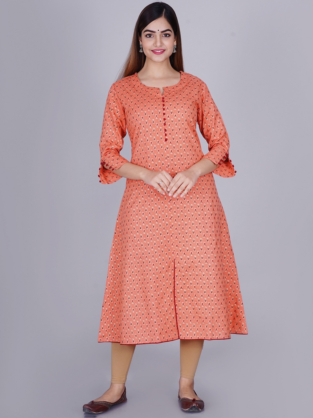 

SGRF Ethnic Motifs Printed Round Neck A-Line Kurta, Peach