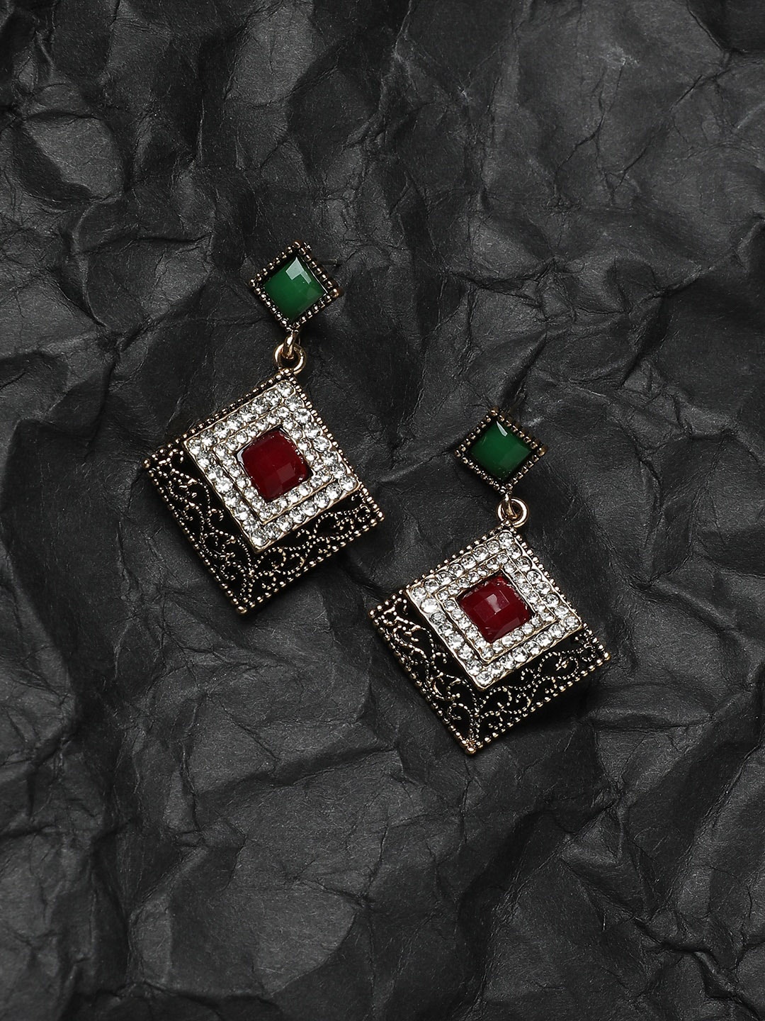 

Anouk Green Gold Plated Stone Studded Contemporary Drop Earrings