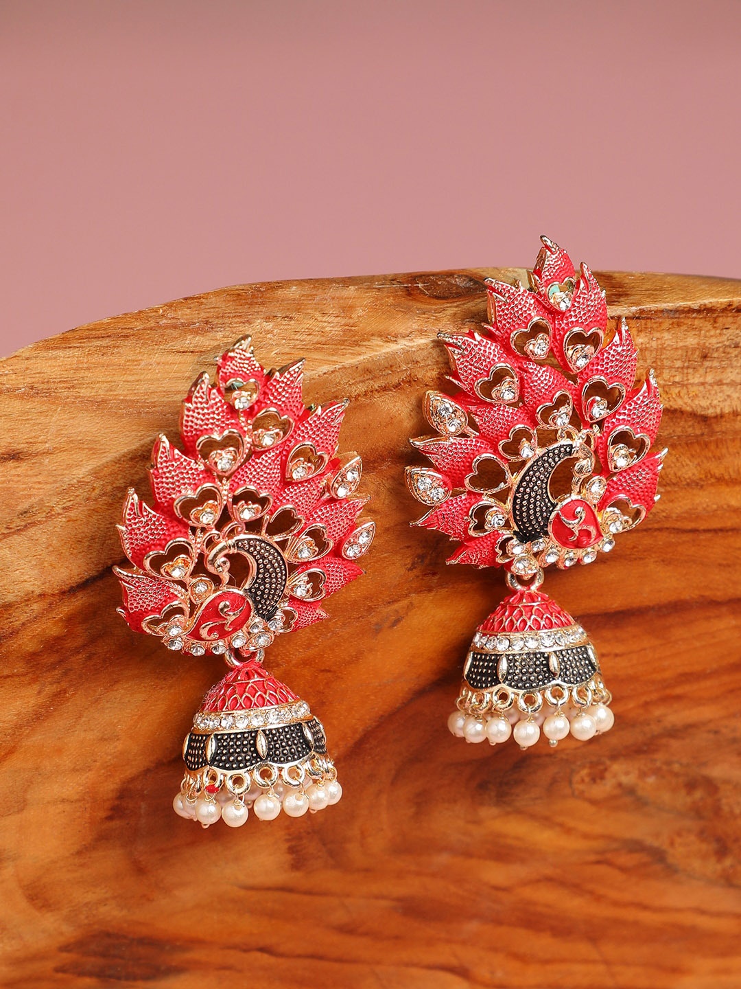 

Anouk Pink Set Of 2 Gold-Plated Stone-Studded & Beaded Contemporary Jhumkas
