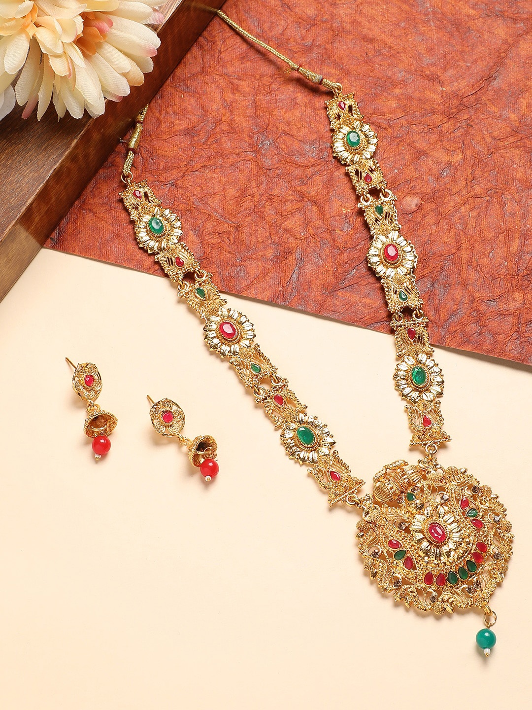 

Anouk Gold-Plated Stone-Studded & Pearl Beaded Meenakari Jewellery Set